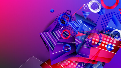 Fototapeta premium Abstract geometric composition. Vibrant purple, blue, red hues dominate. Shapes overlap, creating dynamic visual texture. Modern design elements present.