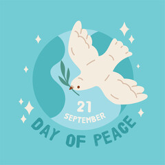 International day of peace with white pigeon. Faith symbol, flying city bird, dove holds sprig of olive in beak, card design, Peaceful and freedom cartoon isolated garish vector concept
