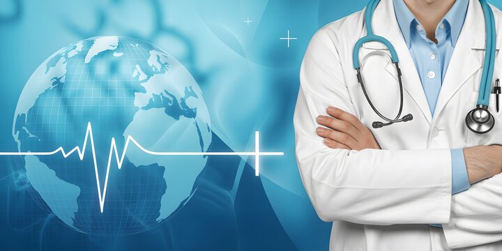 Healthcare professional with a stethoscope and world globe background depicting medical advancements