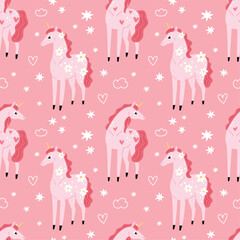 Funny unicorn seamless pattern. Repeated fantasy cartoon horses with horns, delicate colors, girly pink design. Textile, wrapping paper, wallpaper. Print for fabric garish vector background