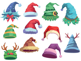 Funny christmas hats. Cartoon winter headwear, elf, dwarf, magician caps, holiday party photo booth props, new year event, traditional xmas costume, horn and ribbon bows, vector isolated set