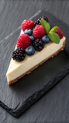 Delicious slice of cheesecake topped with fresh berries and mint