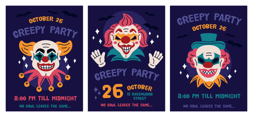 Evil clowns cards. Halloween holiday event, horror party invitation poster design, creepy circus joker characters, spooky celebration, scary face makeup, cartoon isolated garish vector set
