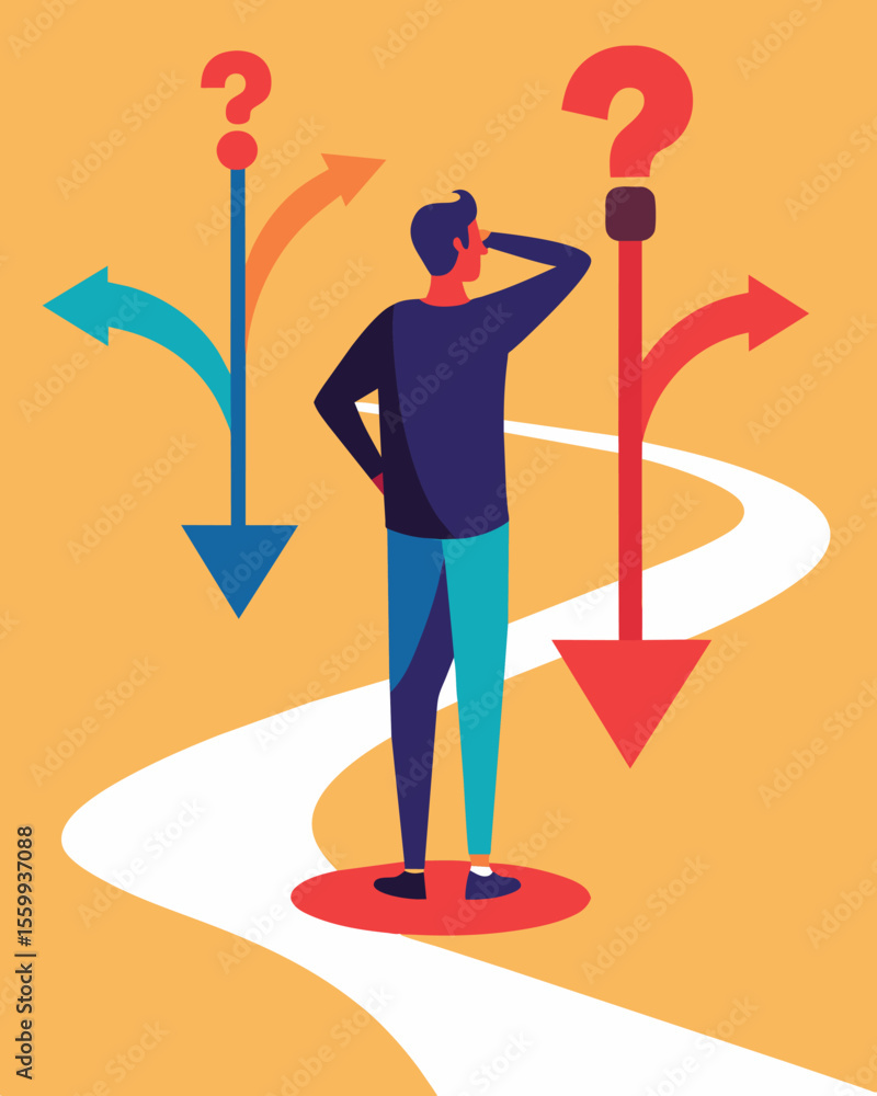 Poster a person standing at a crossroads unsure which path to take as their conflicting thoughts and belief