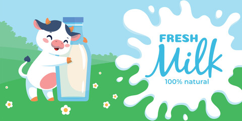 Cute cow milk poster. Farm animal with bottle of dairy product, cartoon mascot character, advertising banner template design, funny livestock, organic ecological food classy vector concept