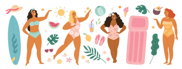 Beautiful women in swimwear. Summer vacations, beach elements, sexy fat girls, body positive people, happy pretty ladies, surfboard and air mattress, tropical leaves garish vector set