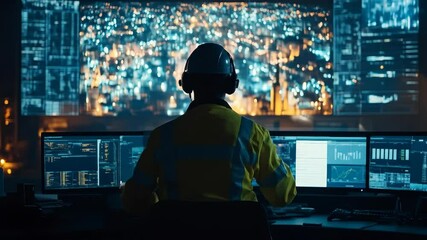 In a control room setting, an engineer monitors data on multiple screens, ensuring the city's critical infrastructure is efficiently managed with data analysis. - Powered by Adobe