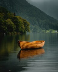 Tranquil lake scene with wooden boat