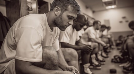 The Locker Room Moment: Capturing a raw, unfiltered moment of introspection and camaraderie, revealing the silent resilience and shared dedication within a team, in a photorealistic portrayal.