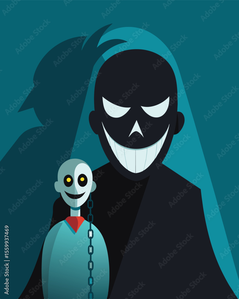 Poster a shadowy figure lurking behind a smiling mask their true intentions revealed by the invisible chain