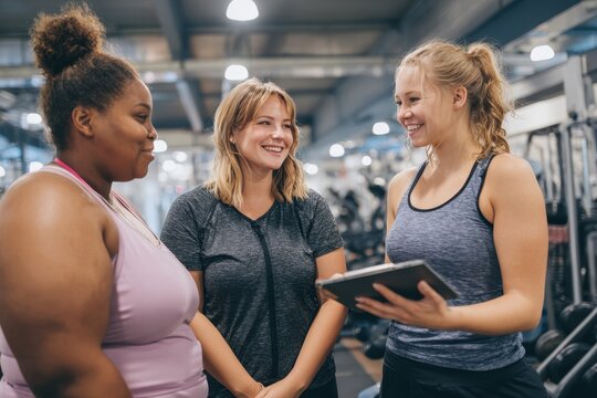College Gym: Trainer Assisting Overweight Women in Fitness Class for Healthy Weight Loss and Friendship