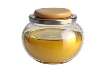Glass jar of golden liquid with wooden lid
