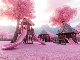 Blossom field playground with sakura tree slides petal-shaped huts and pastel pink sky dreamy spring storybook setting