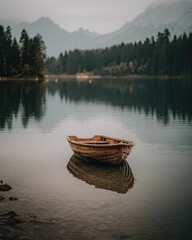 Tranquil lake scene with wooden boat (1)