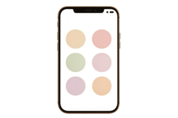 Smartphone with six pastel color circles on white screen isolated on white or transparent background, front view for UI or app design mockup