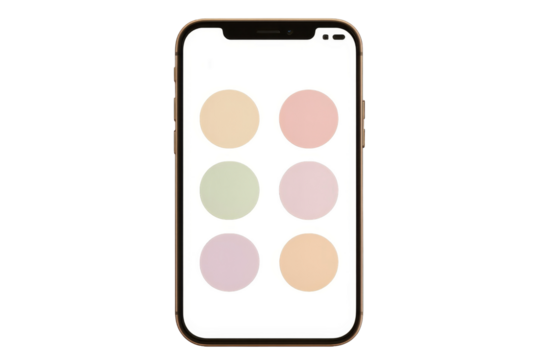 Smartphone with six pastel color circles on white screen isolated on white or transparent background, front view for UI or app design mockup
