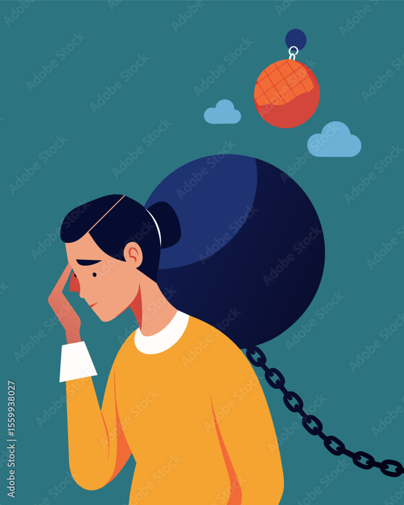 Poster a person with a ball and chain attached to their head weighed down by the burdens of their own thoug