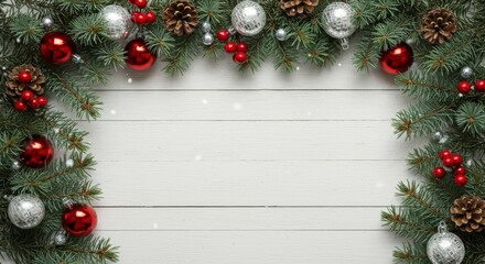 Decorating with Pine Branches and Ornaments on White Wood