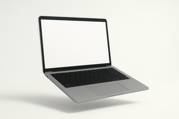 Floating laptop with blank screen, modern workspace, isolated on white background, perfect for website or digital design mockup