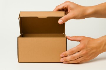 Hands opening empty kraft cardboard box, packaging concept for shipping, delivery, and e-commerce