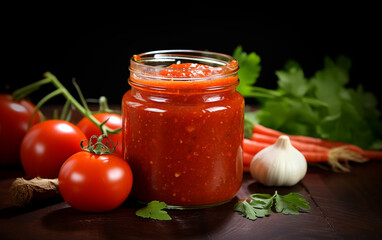 Jar of tomato sauce with fresh tomatoes garlic and herbs on a dark surface