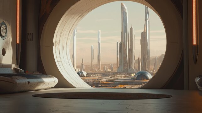 Futuristic interior with city view