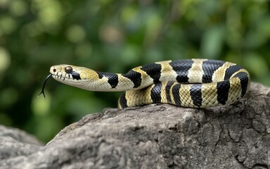 Obraz premium Banded Krait Snake on Rock, Vibrant Green Background