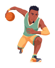 Fototapeta premium Basketball element. Basketball player in uniform holding ball. Professional sport game. Cartoon flat vector illustration isolated on white background