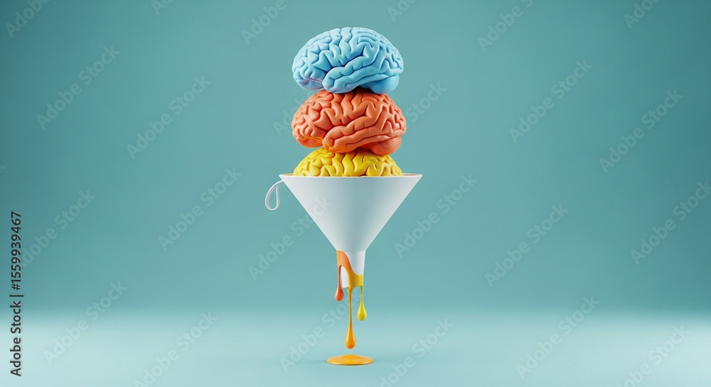Poster three brains stacked on a funnel with liquid dripping down on a blue background in studio shot