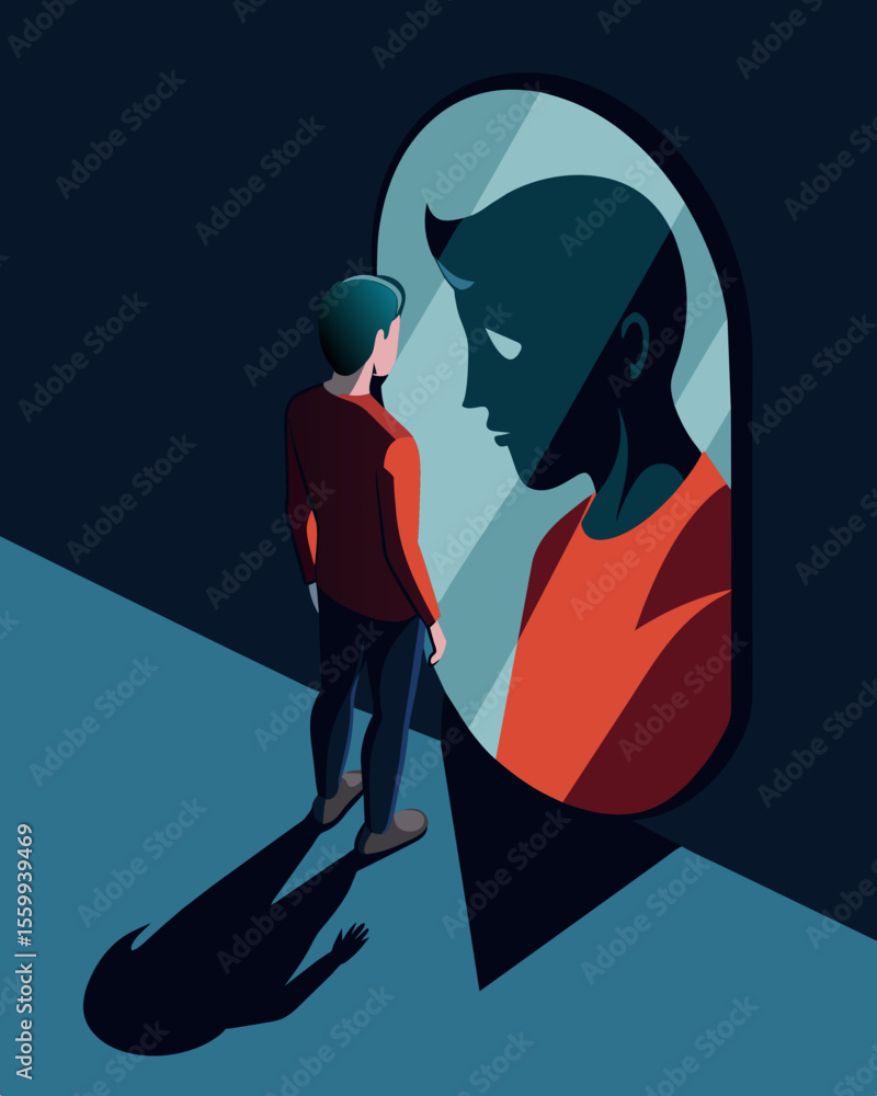 Poster a persons reflection in a mirror is distorted by the shadow cast behind them as if a dark force is u