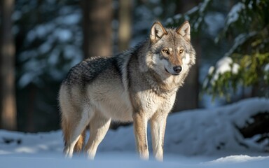 Fototapeta premium Majestic Wolf Stands Proudly in Winter Forest, Illuminated by Sunlight, Looking Directly