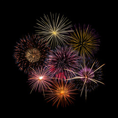 Fireworks of various colors and shapes burst in night sky
