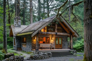 Tranquil scene of a charming cabin illuminated by warm lights, surrounded by a dense, serene forest