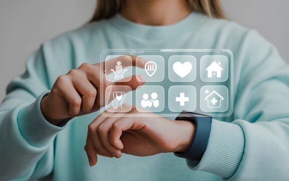 Woman interacting with smartwatch interface representing healthcare and medical technology