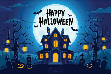 Haunted Halloween Night: Spooky Halloween scene featuring a haunted house, illuminated by a full moon with bats soaring across the night sky.