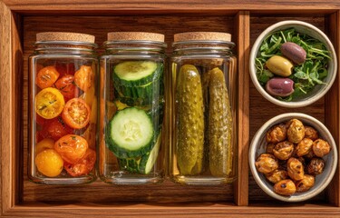 Wooden tray with preserved vegetables and snacks