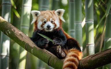 Naklejka premium Red Panda perched on a branch, holding a leaf, bamboo background