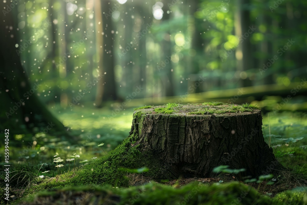 Poster sunlight filtering through trees illuminates a mossy tree stump in a serene forest setting