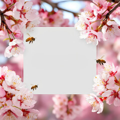 Fototapeta premium Floral Frame with Cherry Blossoms and Bees for Text, Springtime Background