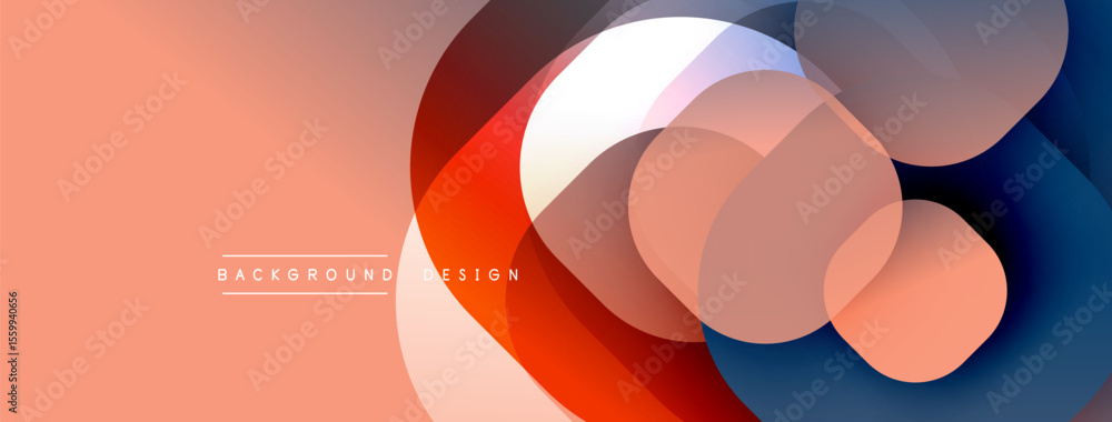 Poster abstract geometric shapes overlap, creating dynamic visual effect. peach, red, blue hues dominate co