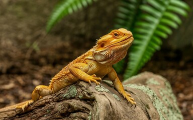 Close-up of a Vibrant Orange Bearded Dragon on a Log
