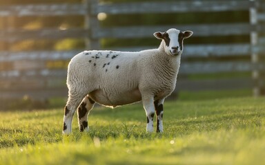 Obraz premium Spotted Sheep Grazing in Golden Light on a Lush Green Meadow