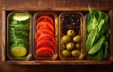Wooden box with sliced vegetables and olives