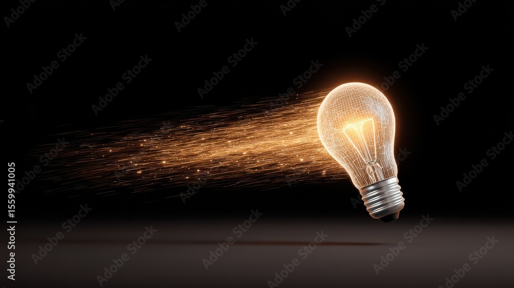Poster dynamic light bulb with sparkling motion effects representing innovation and creativity in modern id