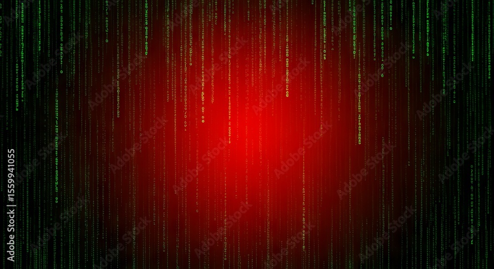 Poster digital rain falling on red background showing computer code