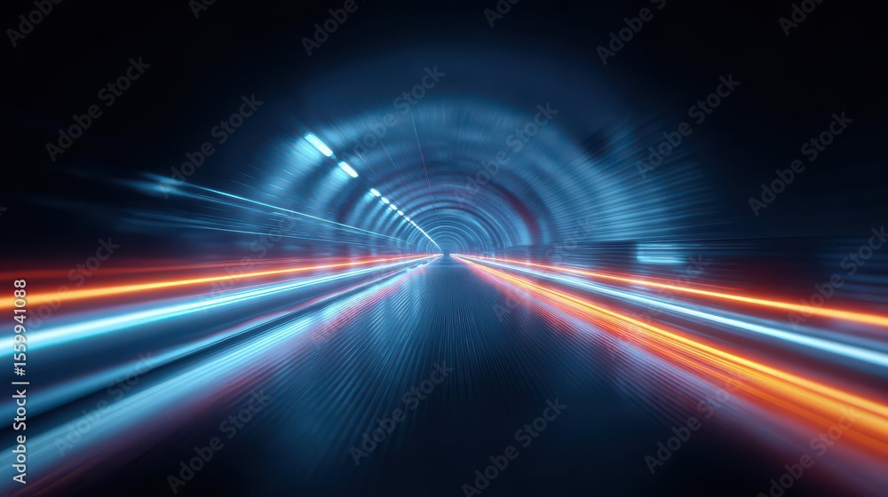 Poster futuristic brightly lit tunnel with dynamic motion blur effect capturing speed and technology in a d