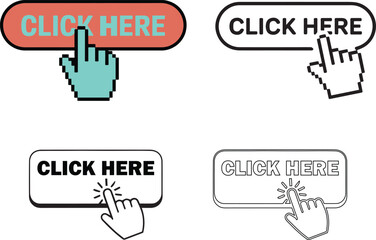  Click Here Button Set – Cursor and Hand Pointer Icons for Web UI for button website design. Click button. Modern action button with mouse click symbol. Computer mouse click cursor or Hand pointer sym