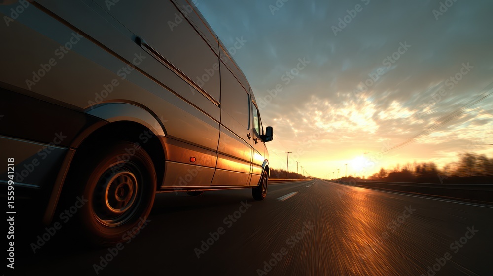Poster dynamic motion of delivery van on open road at sunset, showcasing speed and adventure in a serene na