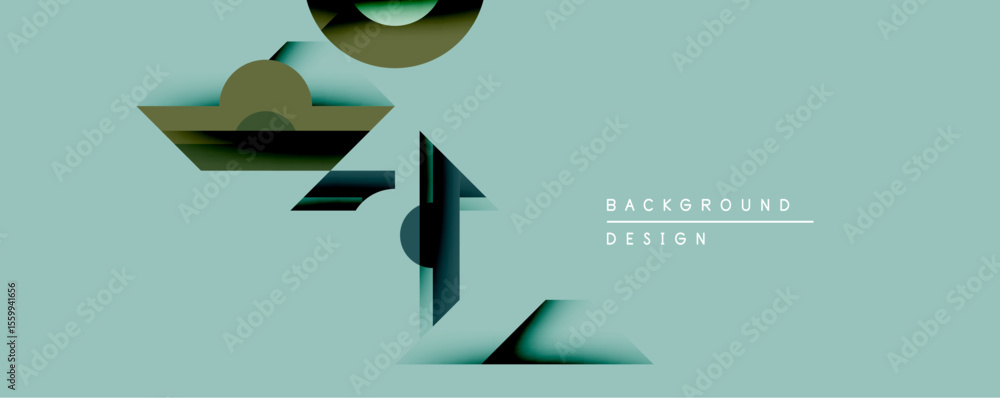 Poster Abstract geometric shapes overlap muted teal background. Shadows create depth, suggesting layered design elements. Minimalist aesthetic, modern composition.