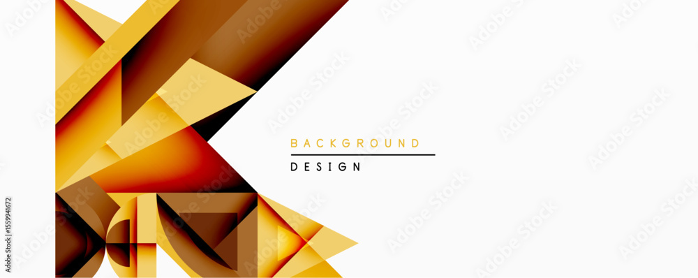 Poster abstract geometric shapes overlap, creating dynamic composition. warm yellow, orange hues dominate d